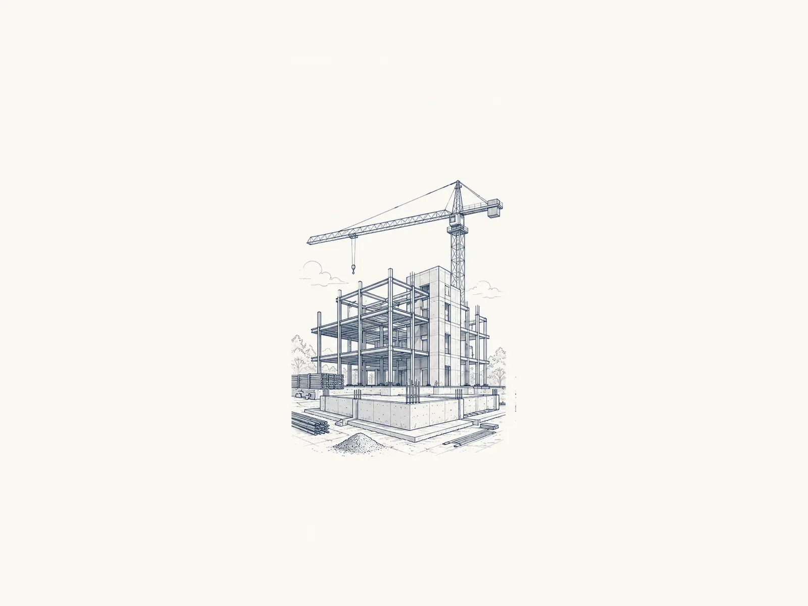 Drawn illustration: delivering a new building from foundations to handover.