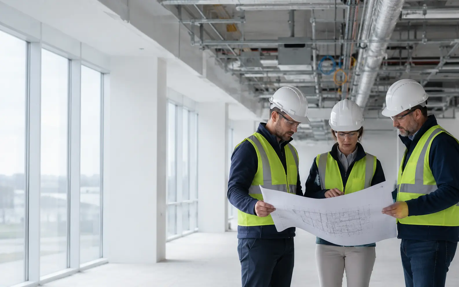 Construction team discussing plans on site in a prepared interior.