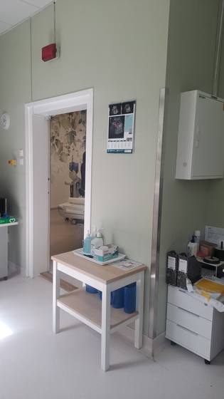 The preparation room with the door opening towards the examination room.