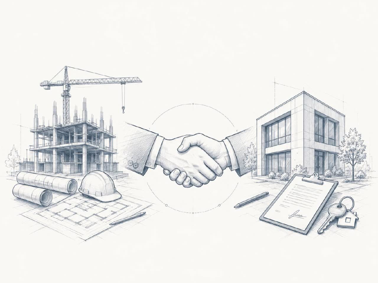 Drawn illustration: a handshake between a building under construction and a finished one, with drawings, a hard hat, a handover document and keys beside it.